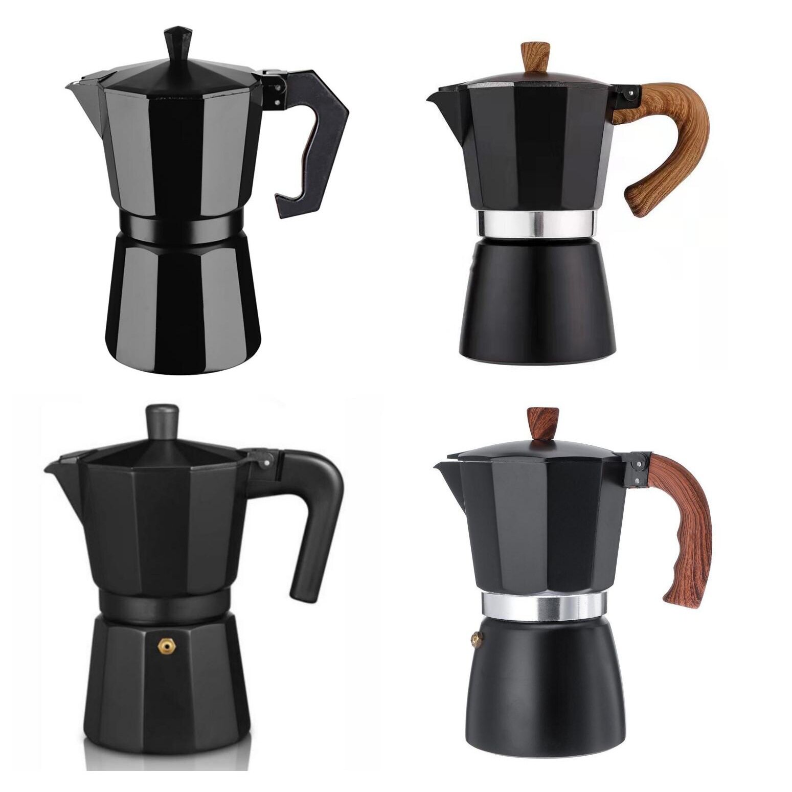 Matte Black Moka Pot with Wood-Style Handle – 3 Cups (150 ml)