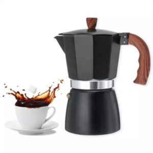Matte Black Moka Pot with Wood-Style Handle – 3 Cups (150 ml)