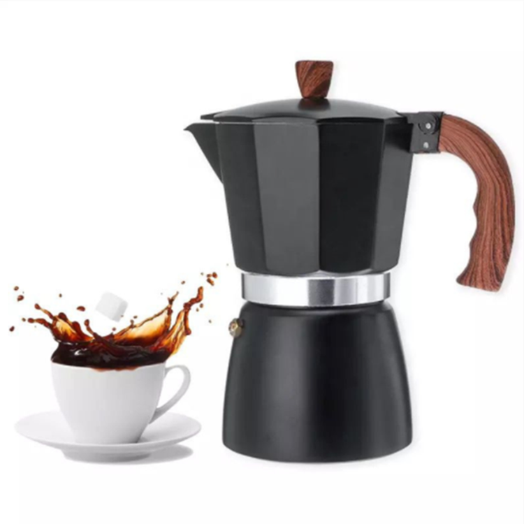 Matte Black Moka Pot with Wood-Style Handle – 3 Cups (150 ml)