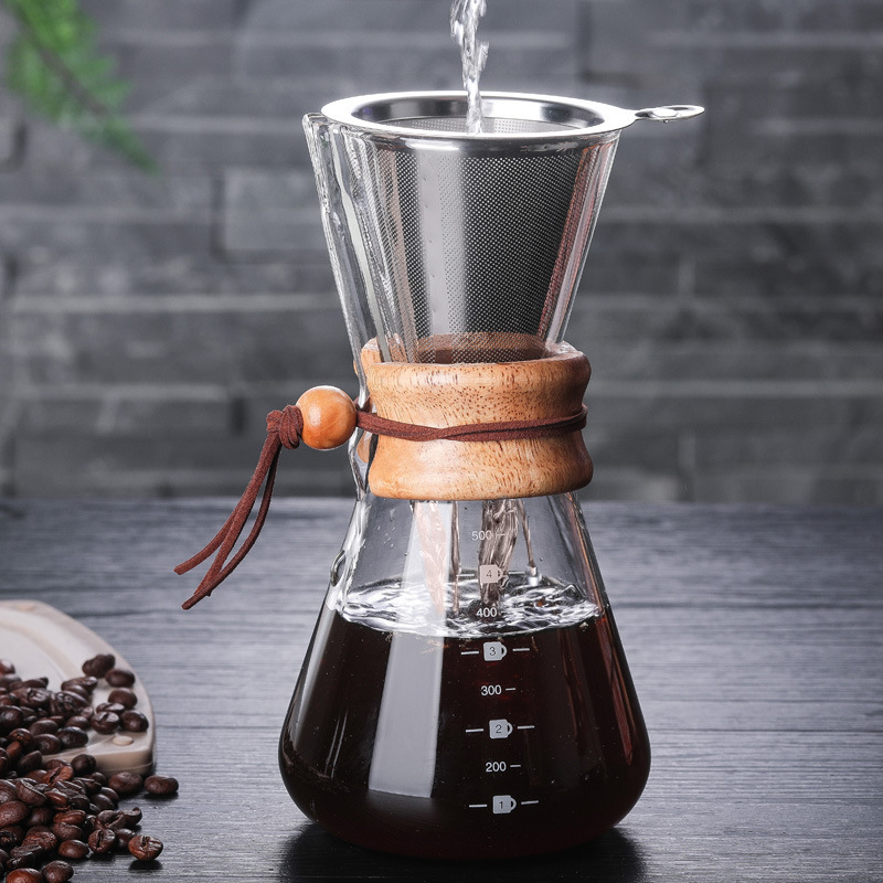 Borosilicate Glass Pour-Over Coffee Maker with Wood Collar & Steel Strainer – 400 ml