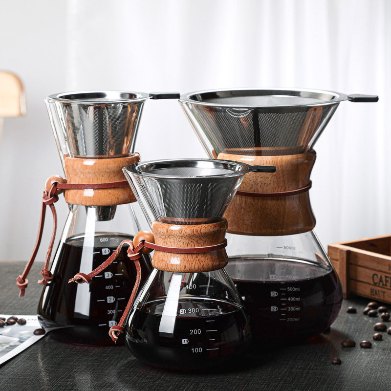 Borosilicate Glass Pour-Over Coffee Maker with Wood Collar & Steel Strainer – 400 ml